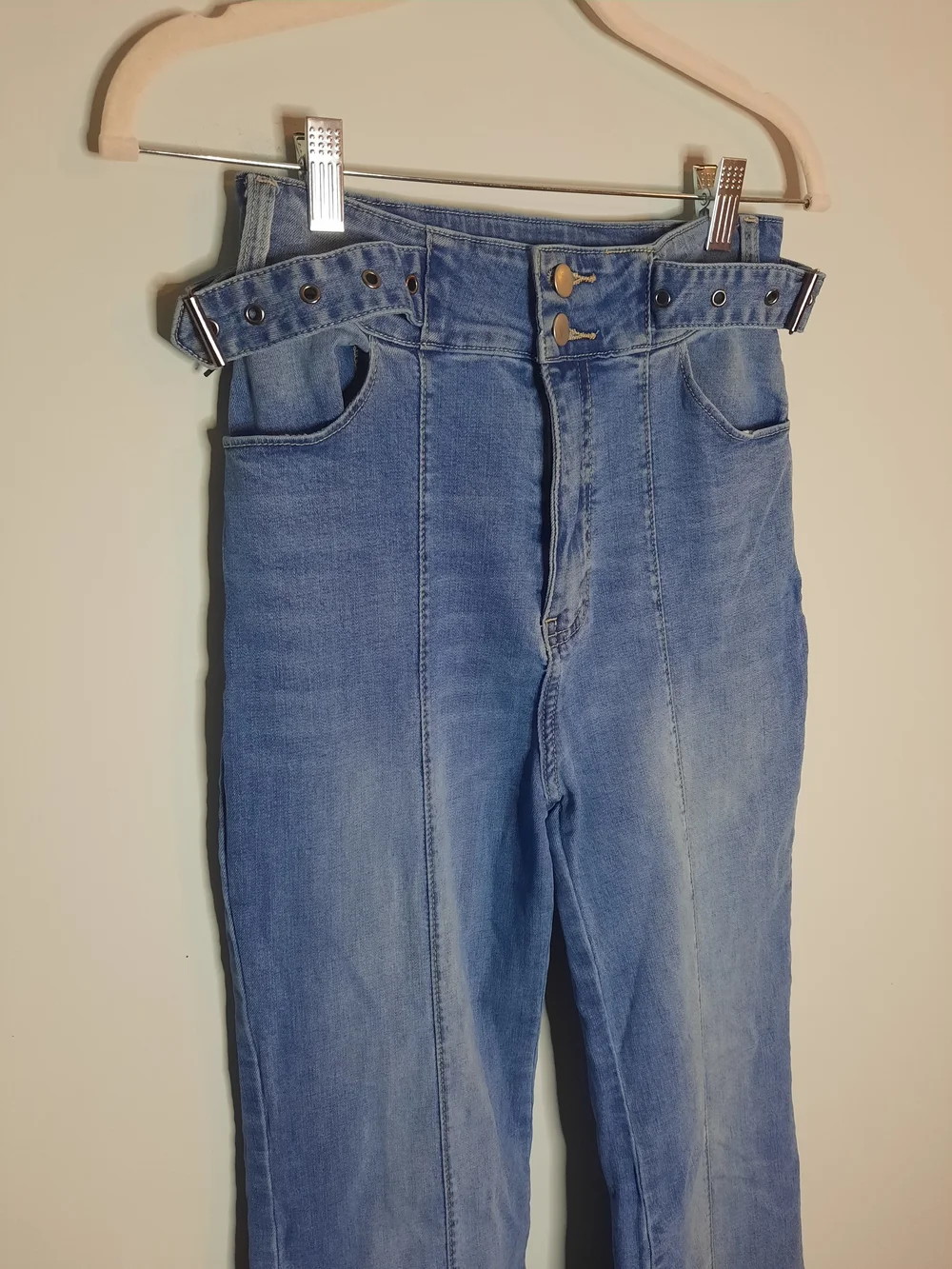 Jealous Tomato Sz Small, High-Waist Blue Flare Jeans, Side Belt, Hippy, Boho - Picture 3 of 7